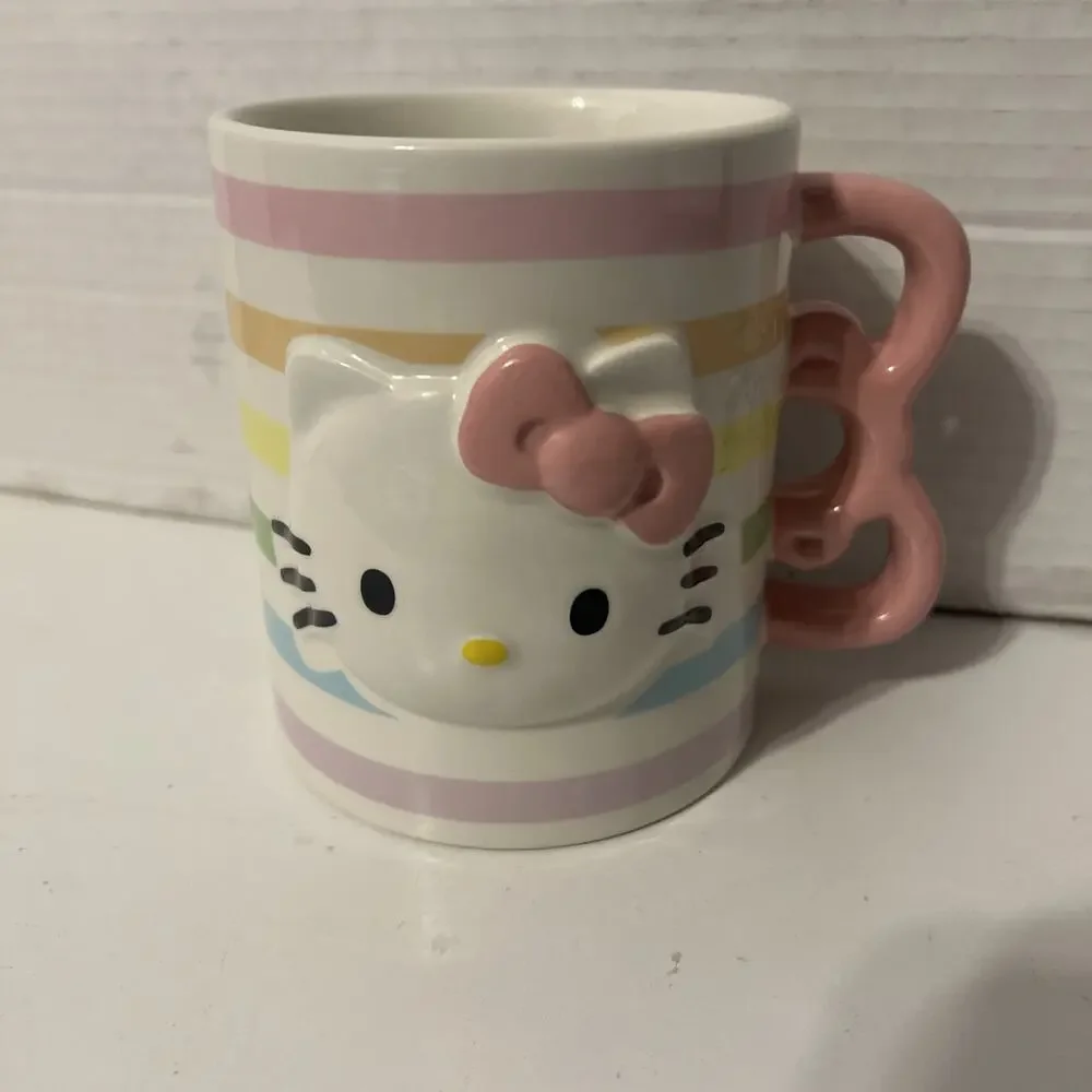 Hello Kitty Sanrio Ceramic Coffee Mug Bow Handle Rainbow Stripes 20 oz